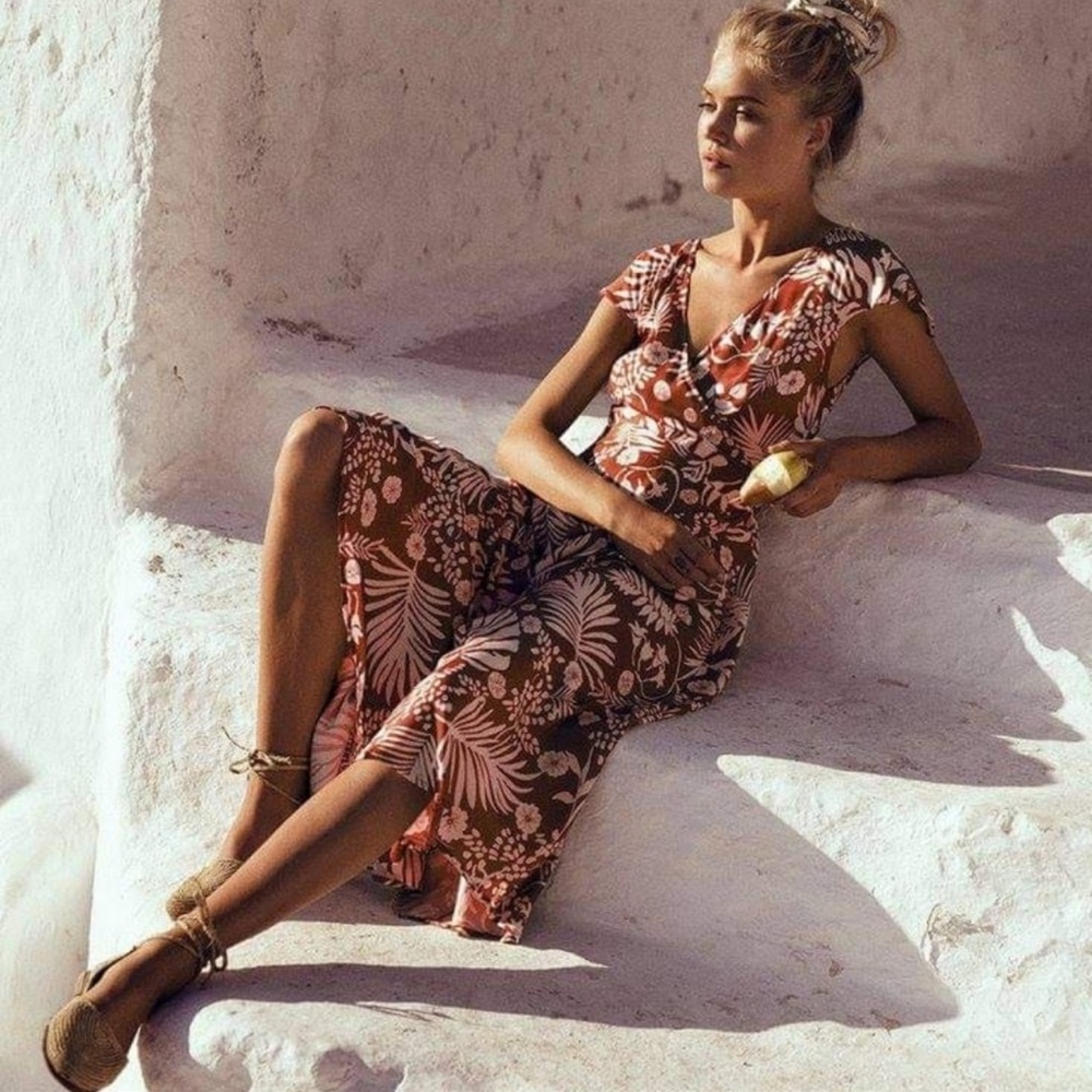 Arnhem Orange and White Tropical Floral Midi wrap Dress